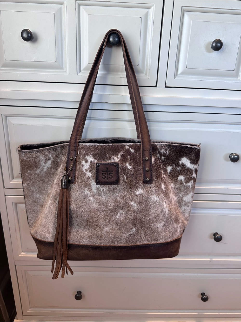 STS Ranchwear Brown and White Cowhide Leather-Trim Tote